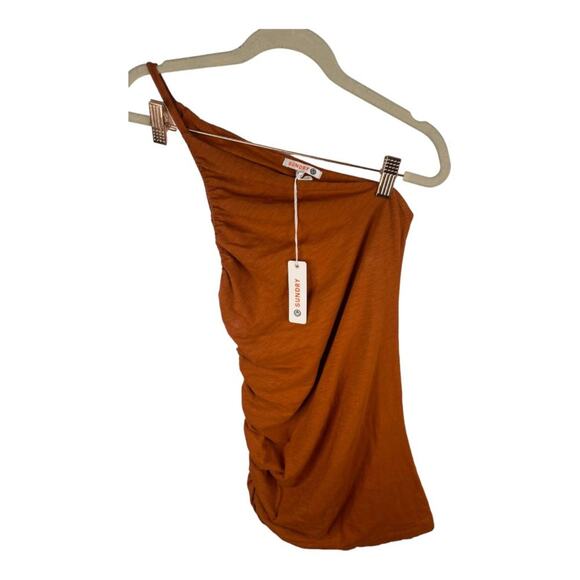 Sundry Asymmetrical Ruched Mini Dress Stretchy Jersey Lighweight Rust Boho Sz 0 - Picture 4 of 15